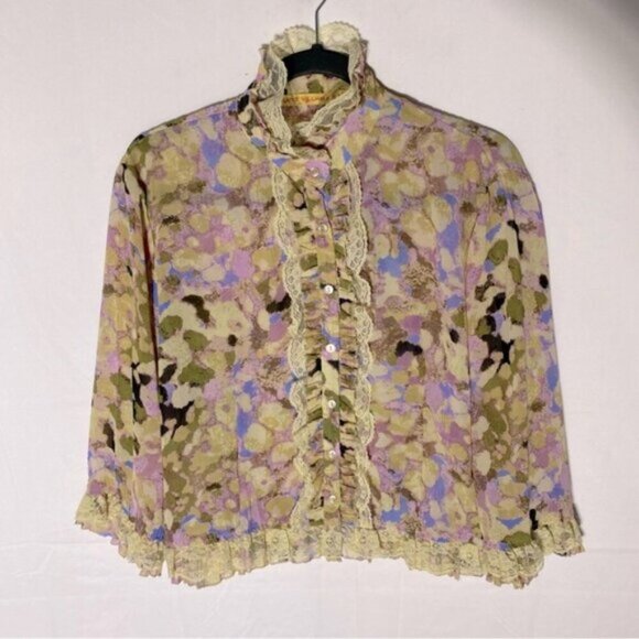 Lloyd Williams Yellow Purple Semi Sheer Abstract Print Button Up Mock Neck Top M - Picture 1 of 14